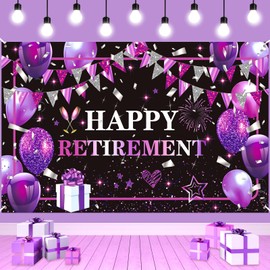 Purple Happy Retirement Banner - Large Purple & Black Retirement Backdrop Sign for Party, Photo Booth, Office Farewell Supplies