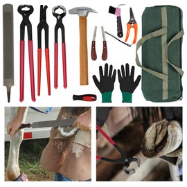 Gtouse 12Pcs Farrier Tools Kit Hoof Trimming Tools with Tool Bag, Hoof Nippers, Horseshoe Cutting Pliers, Goat Hoof Trimmers Shear, Hoof Rasp File, Horseshoe Brush, Hoof Knife, Hoof Hammer, Gloves