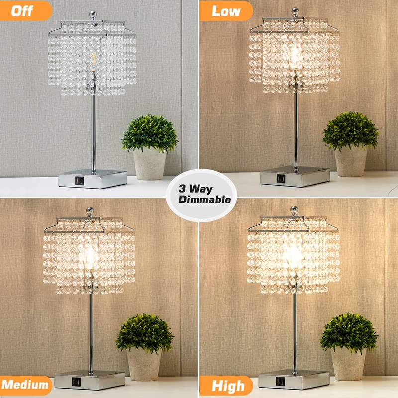 Touch Crystal Table Lamp Silver, Bedside Lamp with USB C+A