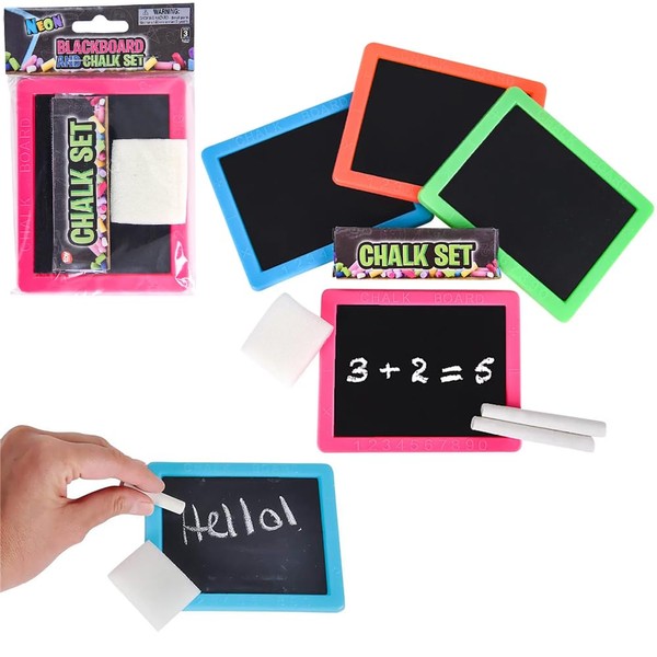 Neon Chalkboard Set Includes Board, Chalk, and Eraser, Educational Learning, Kids Prizes, Prize Giveaways, Party Favors - Assorted Colors (4-Pack)