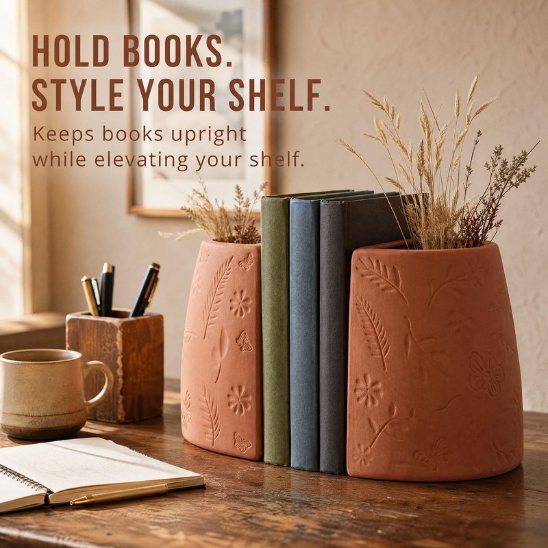 Terracotta Decorative Bookends, 2-Piece Flower Pot Book Ends for Shelves