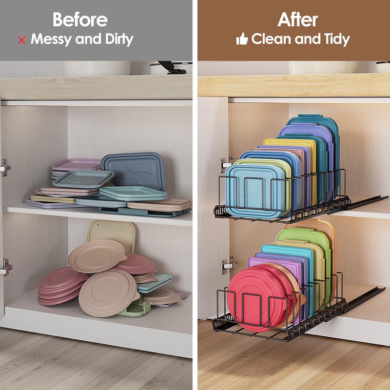 Housolution Pull Out Food Container Lid Organizer with Sliding Rail,