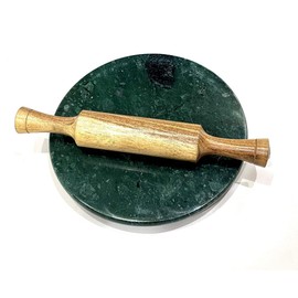 Indian Natural Green Marble Chakla with Wooden Belan/Rolling Pin Board/Roti Maker/Chakla Belan/Chapati Maker for Kitchen | Full Finished Wooden Roti Maker - 8.5Inch