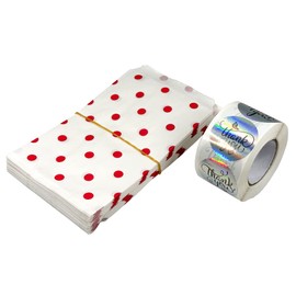 CuteBox Company 100pcs 6" x 9" Red Polka Dot on White Flat Paper Gift Bags with 100pcs 1.5" Silver Prism Thank You Stickers for Retail, Packaging, Party Favors, Birthdays, Weddings