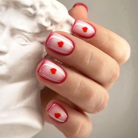 Extra Short Press on Nails Valentines Square Fake Nails with Designs Gradient Red False Nails Litter Heart Glue on Nails White Petite Nails Press on Acrylic Nails French Tip Stick on Nails for Women