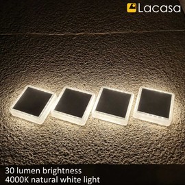 Lacasa Solar Deck Lights Outdoor Waterproof LED, Step Lights Solar Powered Driveway Dock Lights Marine, White 4000K, Dusk to Dawn, for Garden Steps Yard Patio Pathway, Square, 4 Pack