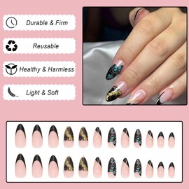 Almond False Nails Short, 24Pcs Black Gradient French Fake Nails Butterfly Pattern Design, Glossy Press on Nails with Nails Glue Stickers, Stiletto Acrylic Stick on Nails for Women and Girls
