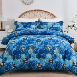 DJY Blue Geometric Duvet Cover Golden Leaves Reversible Bedding Set Soft Breathable Lightweight Duvet Sets 3 Pieces With Zipper Closure (Double, 200x200cm)