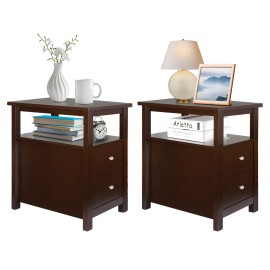 SEGAWE 2 PCS Living Room End Table Sofa Side Table with 2 Drawers and Shelf Brown