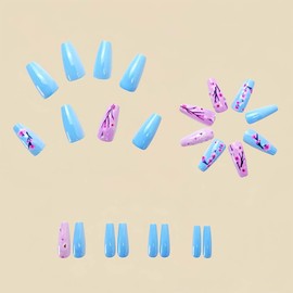 Coffin Press On Nails Medium Fake Nails Blue False Nails With Flower Design Spring Pink Acrylic Nails Full Cover Artificial Nails Glossy Cute Glue On Nails Stick On Nails For Women Manicure Art 24pcs