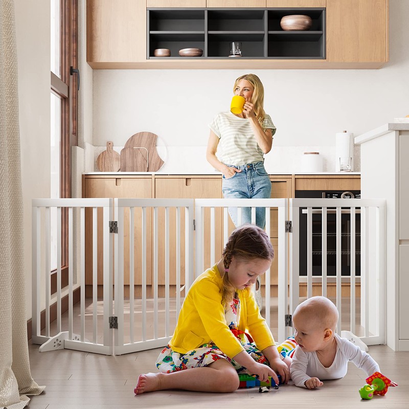 Wooden Freestanding Dog Gates for The House Extra Wide, Foldable