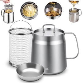 2L Stainless Steel Oil Barrier & Deep Fryer Oil Filters Set - Reusable Oil Container with Oil Filtration System for Kitchen Cooking & Frying