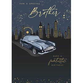 Paperlink 'Special Brother' Male Birthday Card for Men - Classic Car and City Skyline With Gold Foil - Eco-Friendly and Recyclable