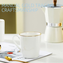 Gang Rinpoche 10 Oz White Bone China Coffee Mugs,Porcelain Tea Cups Ceramic Lightweight Set of 6, Luxury Mugs with Gold Trim for Espresso, Hot Cocoa, Cappuccino, Latte and Cold Drinks, Microwave Safe