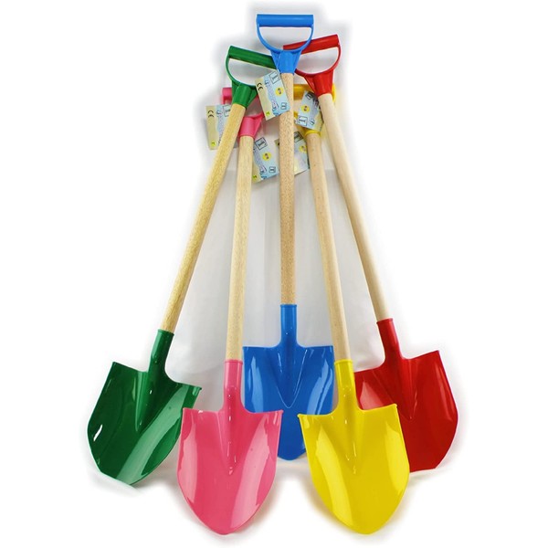 Matty's Toy Stop 31" Heavy Duty Wooden Kids Sand Shovels with Plastic Spade & Handle (Red, Blue, Green, Yellow & Pink) Complete Gift Set Bundle - 5 Pack