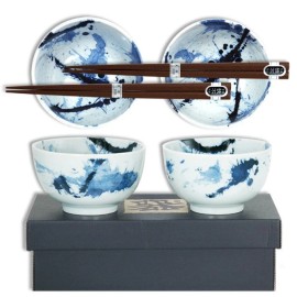 Made in Japan Set of 2 Japanese 5"D Porcelain Blue Splash Rice Soup Bowls Chopsticks Gift Box