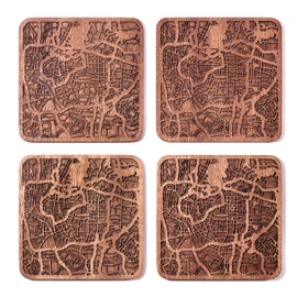 Guangzhou Map Coaster, Set of 4, Sapele Wooden Coaster with City Map, Handmade