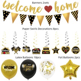Welcome Home Decorations, Welcome Home Banner, Welcome Home Hanging Swirl, Gold Black Balloons for Welcome Back Theme Sign Party Supplies, Welcome Back Party Supplies