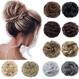 S-noilite Hair Bun Extensions Messy Wavy Curly 1 Piece Dish Donut Scrunchie Hairpiece Accessories Chignons Updo Ponytail Pony Tail Synthetic Hair Extension for Women Girl -1 Piece 55G Silver Gray