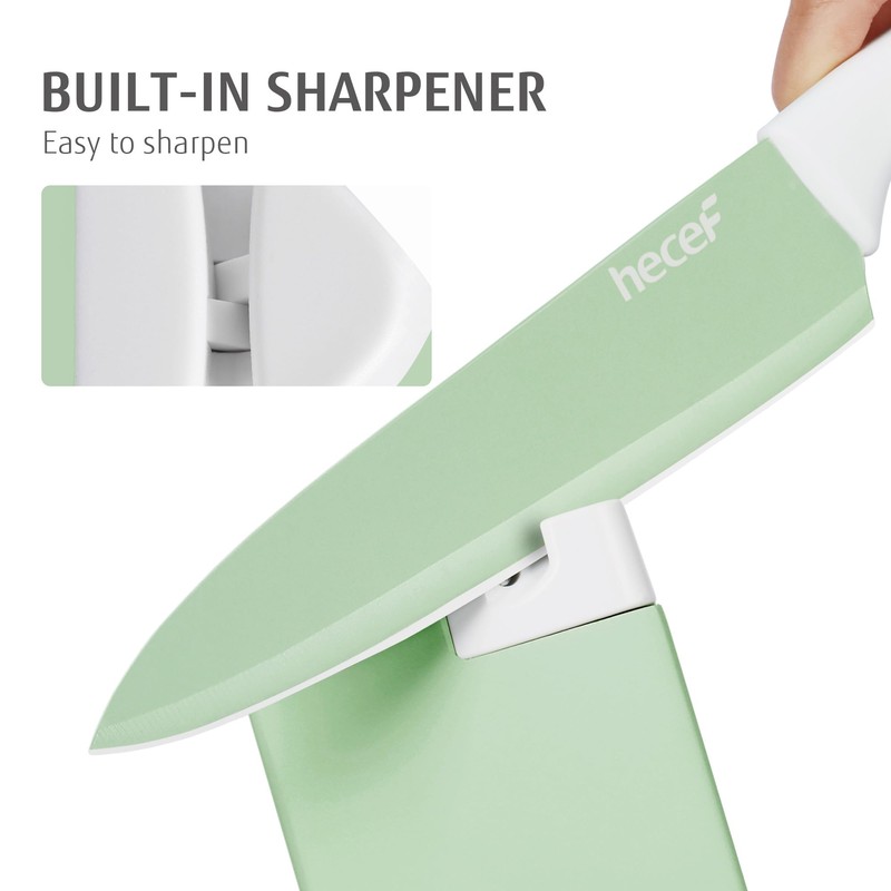 hecef 15 Pieces Kitchen Knife Set with Built-in Sharpening Wooden