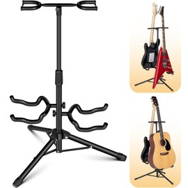 CAHAYA Guitar Stand Double Guitar Stand with Neck Holder Floor Stand Universal for Acoustic Electric Guitars Bass Banjos Folding Tripod Guitar Stands Holds 2 Guitars Together
