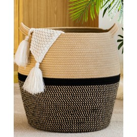 KAKAMAY Woven Baskets for Storage(17"x17"),Large Cotton Rope Basket Baby Laundry Hamper,Collapsible Basket, Blanket Organizing Living Room,Nursery,Clothes,Toy chest (Black)