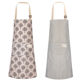 Syhood 2 Pack Aprons with 2 Pocket for Women Men Soft Linen Adjustable Bib Kitchen Cooking Apron for Chefs, Waiters, Baking(Brown Stripes Style)
