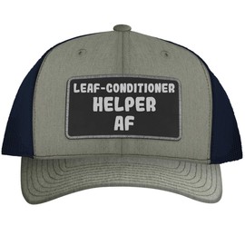 Leaf-Conditioner Helper AF - Leather Black Patch Engraved Trucker Hat, Heather-Navy, One Size