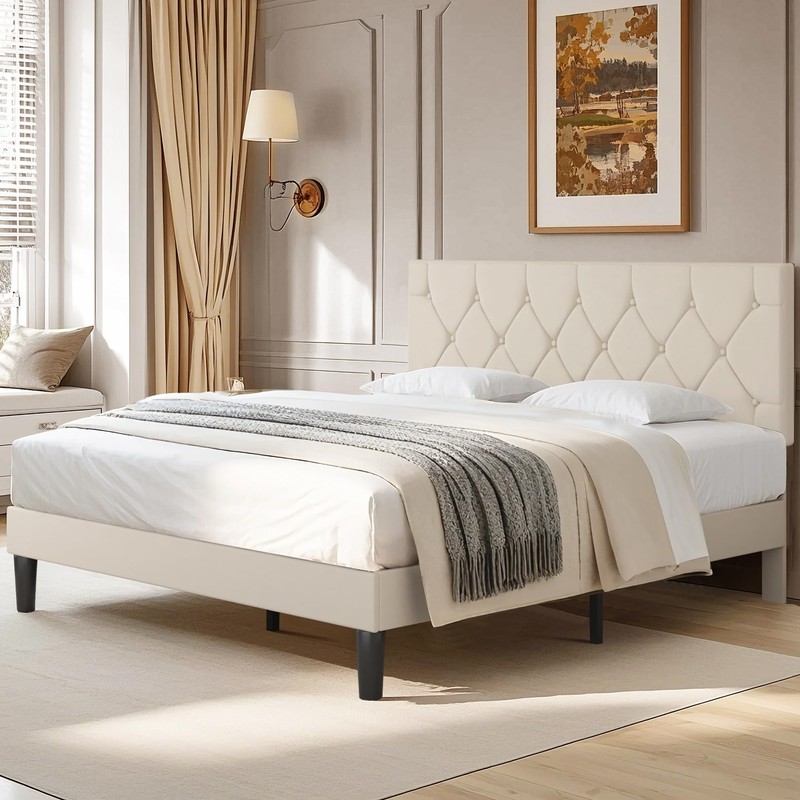VECELO Queen Size Bed Frame with Button Tufted Headboard, Upholstered