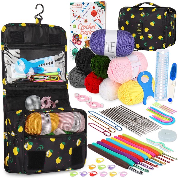Coopay Crochet Set for Beginners, Improved Crochet Hook Set with Wool, Bag, Crochet Accessories, Ergonomic Crochet Hooks with Rubber Handle, Lace Crochet Hooks, Portable Beginners Crochet Set with