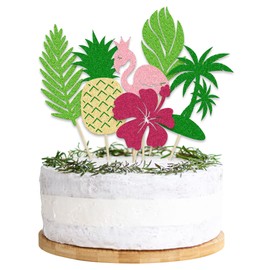 Paquete de 6 decoraciones tropicales para tartas con brillantina, flamenco, flores, piña, hoja de palma, decoración para tartas de verano tropical hawaiano luau, tema baby shower, suministros de fiesta de cumpleaños para niños