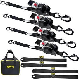 KJE Retractable Ratchet Straps, (4) 1" x 10' Tie Down Strap + (4) Soft Loop - Heavy Duty 1,650lb Max Break Strength, S-Hook with Clip, Self Retracting Ratchet Strap for Motorcycle, Kayak, ATVs, Boats