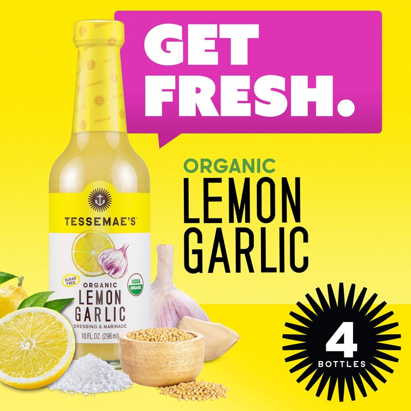 Tessemae's Organic Lemon Garlic Dressing and Marinade, Whole30 Certified, Keto