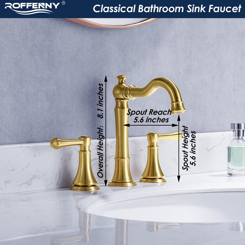 Roffenny Brushed Gold Bathroom Sink Faucet 8 Inch Widespread 3