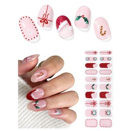 Semi Cured Gel Nail Strips (Cute Christmas), Red Santa Hat, 20 Pcs Gel Nail Wraps, Stickers, Wreath, Snowflake, Candy Cane, Works with Any UV Lamps