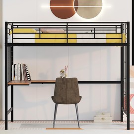 Metal Twin Size Loft Bed with Desk and Metal Grid,Heavy Duty Loft Bed Frame with Safety Guardrail for Kids Boys Girls,Space Saving,Twin,Black
