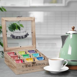 Relaxdays Tea Box, 9 Compartments, Wood, Tea Box with Viewing Window, Tea Bags, Coffee Pods, Spices, H x D: 9 x 24 x 25 cm, Natural, Pack of 1