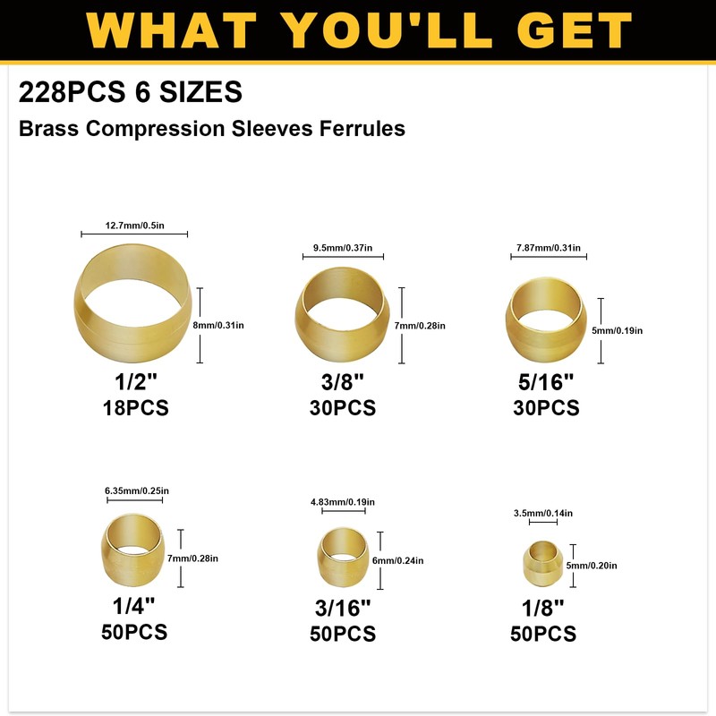 Siptenk 228PCS Brass Compression Sleeves Ferrules for Tube OD 1/2"