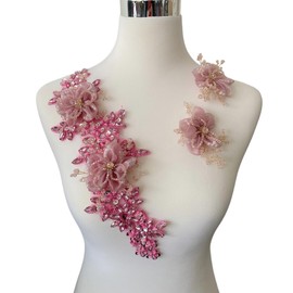 3 Pcs/Set Crystal Three-Dimensional Flower Decoration Patch Trim Shiny Hand-Stitched Beads Rhinestones Applique Handmade Dress Clothing Accessories (Pink)