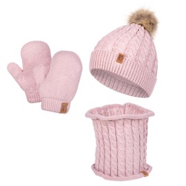 HEYO Children's Winter Set Hat Lined with Fleece Warm Tube Scarf Loop Scarf Gloves Soft Bobble Hat Round Scarf Toddler Knitted Hat Boys Girls, pink
