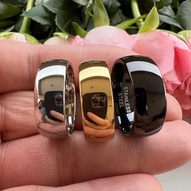 TUTISS 8mm Silver/Black/Gold 316L Stainless Steel Rings for Men Women Engagement Wedding Bands Domed Polished Comfort Fit 3 Pcs A Set Size 8.5