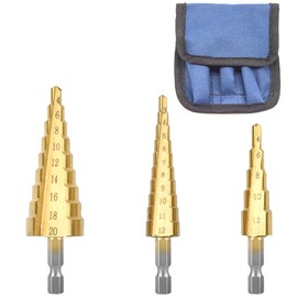 Hocansen 3-Piece Step Drill HSS Drill Bit Spiral Groove Step Drill Metal Hexagonal Taper Cone Drill with Scale for Wood Plastic Punching (3-12 mm, 4-12 mm/20 mm/JT-ZT)