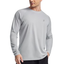 Roadbox Men's Long Sleeve Workout Running Shirts, Quick Dry Moisture Wicking Athletic Tee Tops, Breathable Outdoor UPF 50+ UV Sun Protection T-Shirts for Gym Fishing Hiking Light Gray