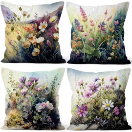 Vie Savaran Wild Flower Throw Pillow Covers 20''x20'' Set of 4, Spring Blooming Floral Garden Pillowcases Colorful Printed Cushion Covers for Couch Sofa Home Bedroom Farmhouse Livingroom Patio Car