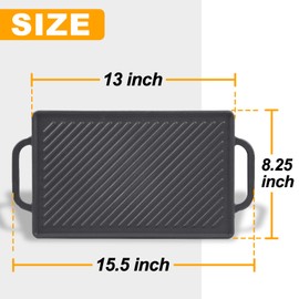 GGC Cast Iron Reversible Grill Griddle，Double Sided Grill Pan Perfect for Gas Grills and Stove Tops, 13 x 8.25 Rectangular Baking Flat and Ribbed Griddle Plate