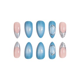 SINHOT Almond Press on Nails Medium - Blue Ombre Fake Nails Glossy Glue on Nails 3D Silver Swirl Acrylic Stiletto Artificial Nail Art French Tip Stick on False Nails with Design DIY 24 pcs