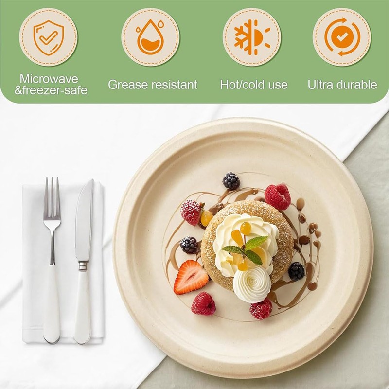 iDopick Compostable Paper Plates 9 Inch, 50 Pack Biodegradable Sugarcane