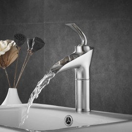 QQAMOGNNK Waterfall Faucet for Bathroom Sink, Solid Brass, Hot and Cold Water Mixer Tap, Single Handle Waterfall Bathroom Sink Faucets Brushed, High (Color : Short)