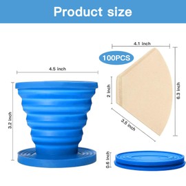 Collapsible Pour Over Coffee Dripper Set - Silicone Reusable Cone Filter Holders with 100Pcs Paper Filters - For Home, Camping, Travel, Office (1, Blue)