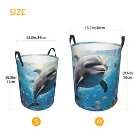 Rongliu Laundry Basket Waterproof Laundry Hamper for Bathroom Cute Dolphin Laundry Baskets Circular Storage Basket with Handles Lightweight Dirty Clothes Hamper for Bedroom Dorm, Medium, Black, 11086